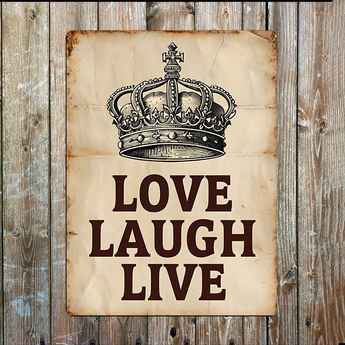 Plaque métal style vintage avec couronne et devise Aimer Rire Vivre