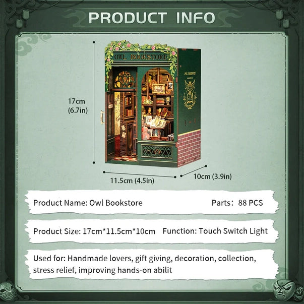 Book nook Librairie du Hibou, kit en bois 139 pièces avec LED, librairie miniature verte