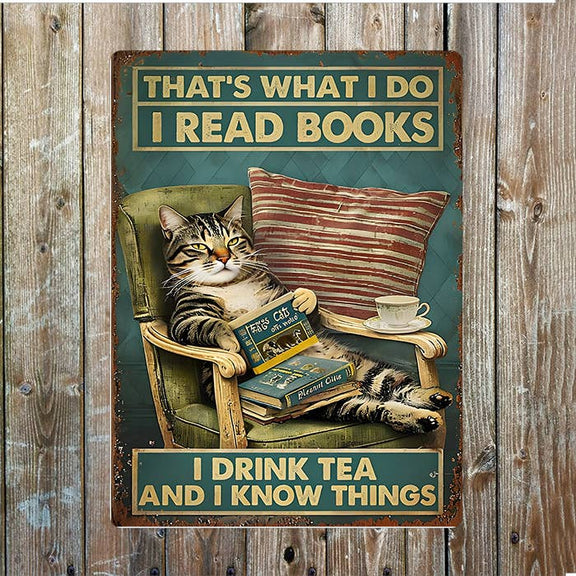 Plaque murale vintage en aluminium imprimé Read books drink tea know things illustrée d'un chat