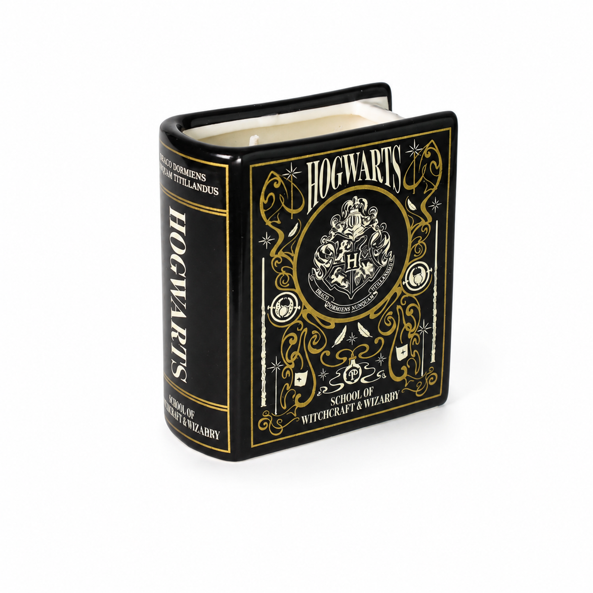Bougie Harry Potter en céramique noire et dorée en forme de livre de Poudlard