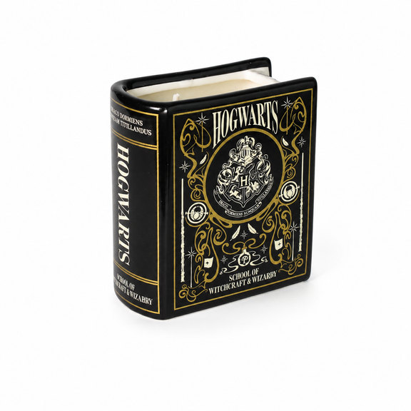 Bougie Harry Potter en céramique noire et dorée en forme de livre de Poudlard