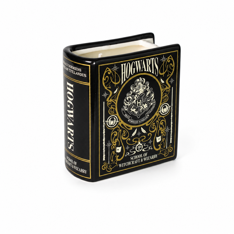 Bougie Harry Potter en céramique noire et dorée en forme de livre de Poudlard
