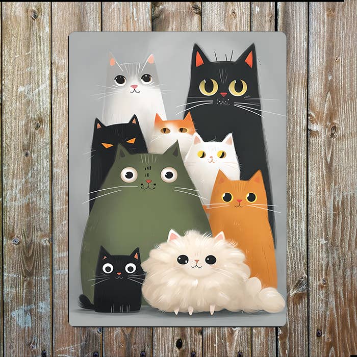 Plaque murale vintage en aluminium imprimé illustrée d'une famille de chats, style rétro