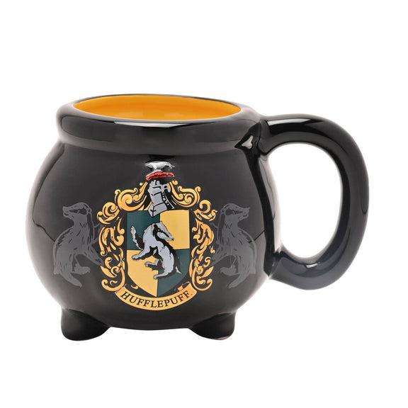 Mug chaudron Harry Potter en céramique noire avec blason jaune de Poufsouffle