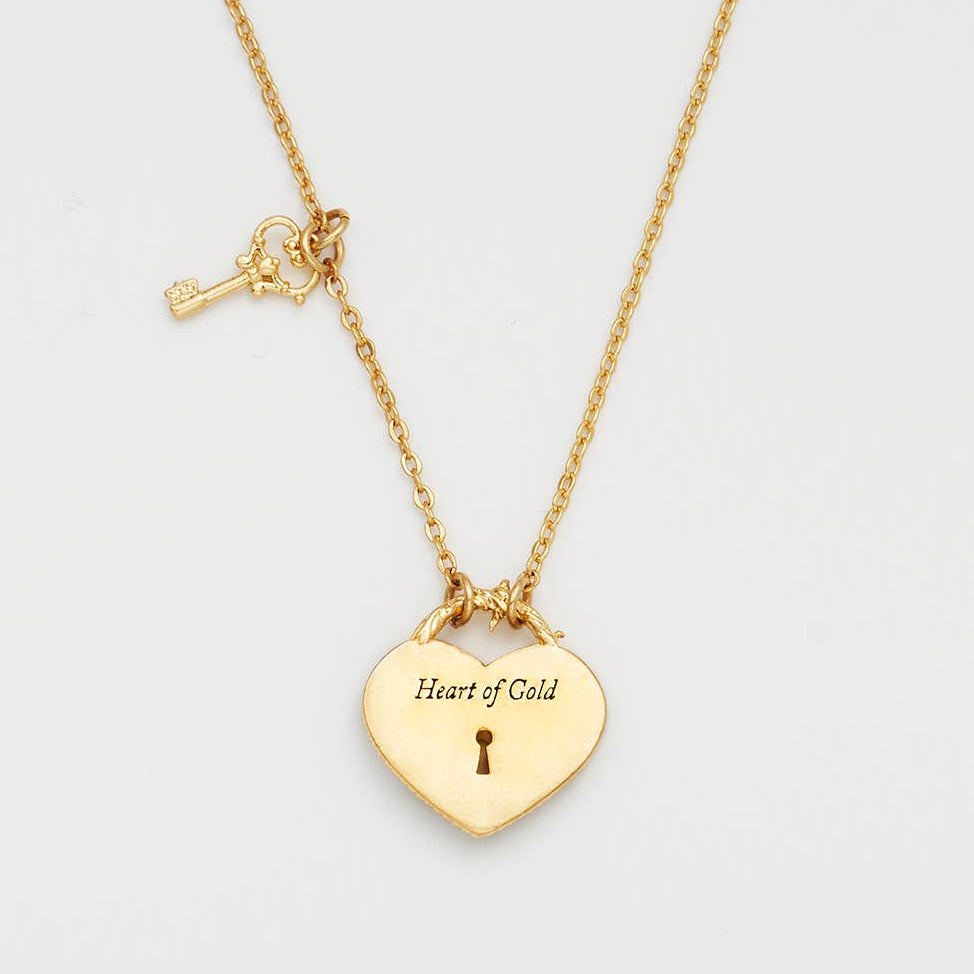 Collier Fable England Eve, pendentif cœur cadenas bordeaux et clé, plaqué or 22 carats