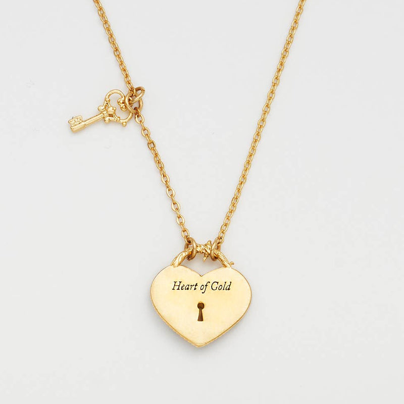 Collier Fable England Eve, pendentif cœur cadenas bordeaux et clé, plaqué or 22 carats
