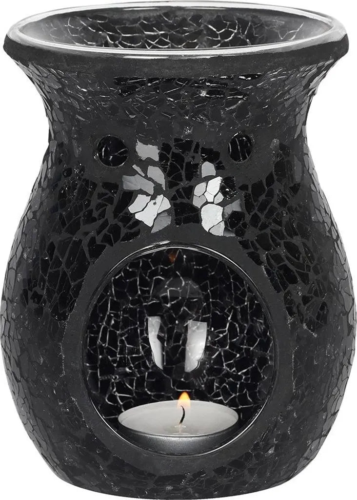 Brûle-parfum en mosaïque de verre noire aux reflets scintillants, ambiance mystique
