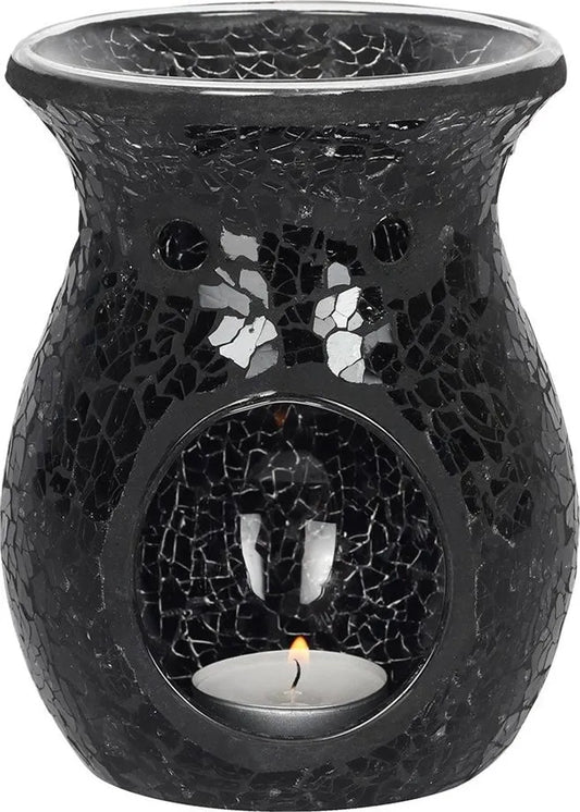 Brûle-parfum en mosaïque de verre noire aux reflets scintillants, ambiance mystique