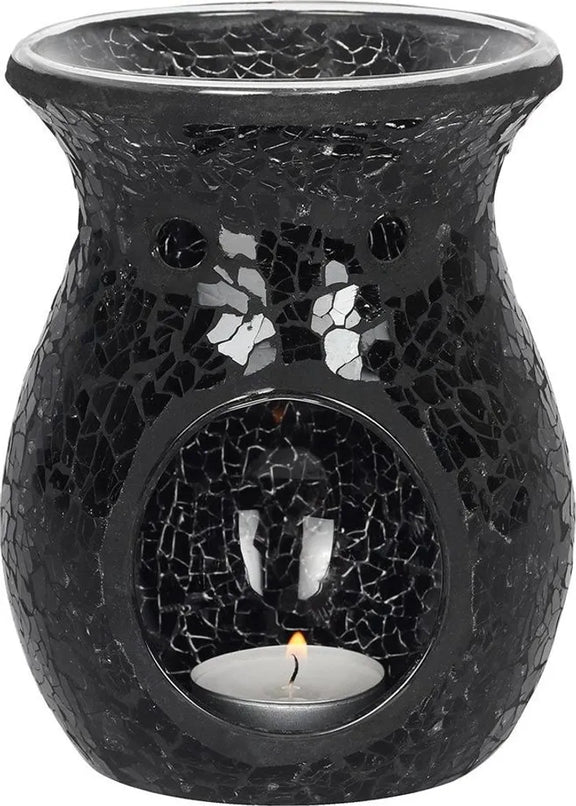 Brûle-parfum en mosaïque de verre noire aux reflets scintillants, ambiance mystique