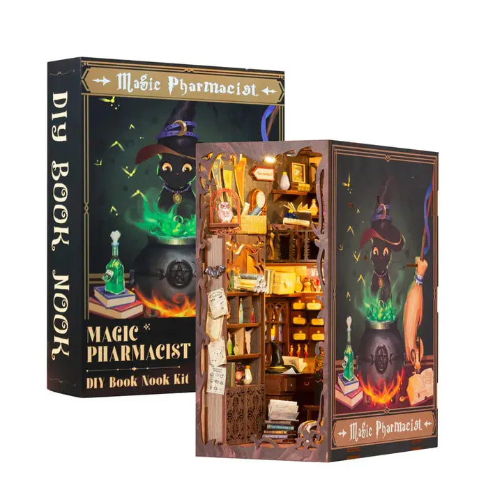 Book nook Pharmacie magique, kit en bois 282 pièces avec LED, boutique d'apothicaire miniature