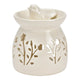 Brûle-parfum en céramique blanche ajourée à motifs floraux surmonté d'un oiseau décoratif
