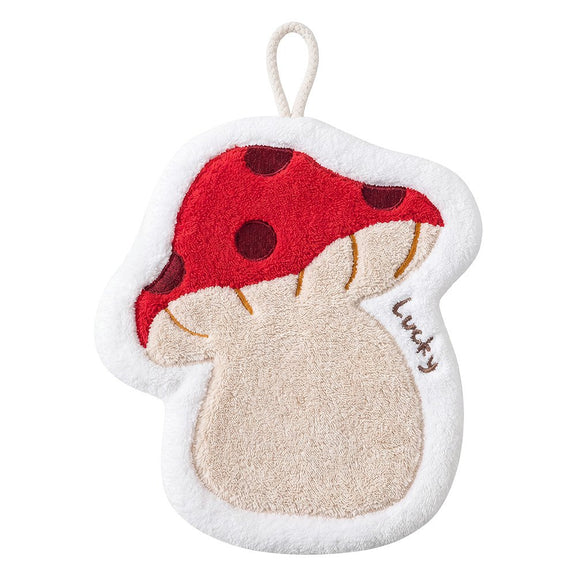 Serviette invité blanche brodée d'un champignon rouge à pois, avec boucle de suspension