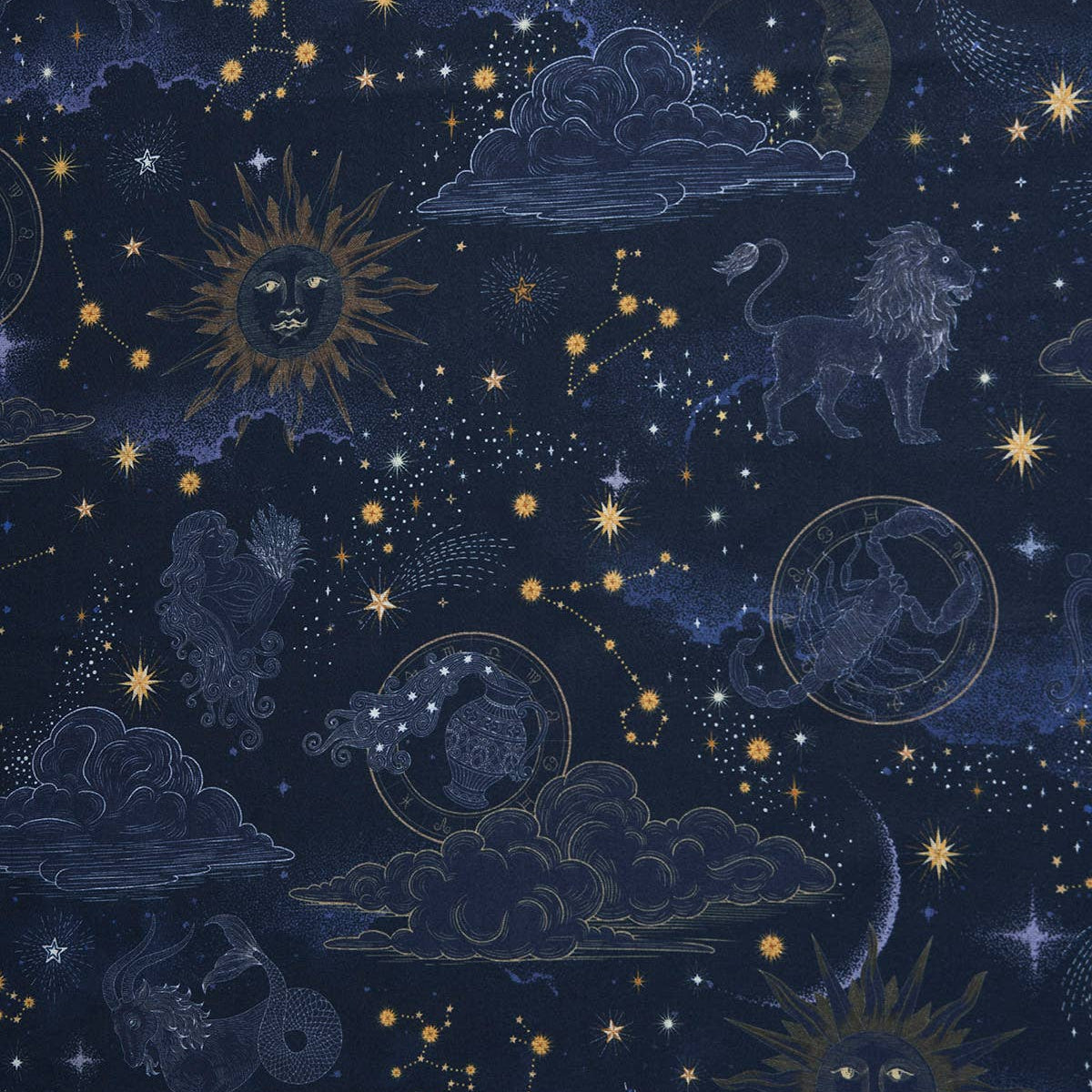 Écharpe longue à franges Zodiac Fable England, constellations et signes du zodiaque sur bleu marine
