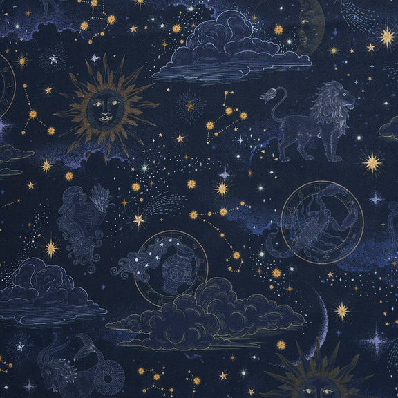 Écharpe longue à franges Zodiac Fable England, constellations et signes du zodiaque sur bleu marine