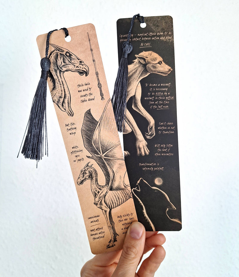 Marque-page créatures fantastiques n°2 recto verso à pompon gris, inspiré des anciens bestiaires