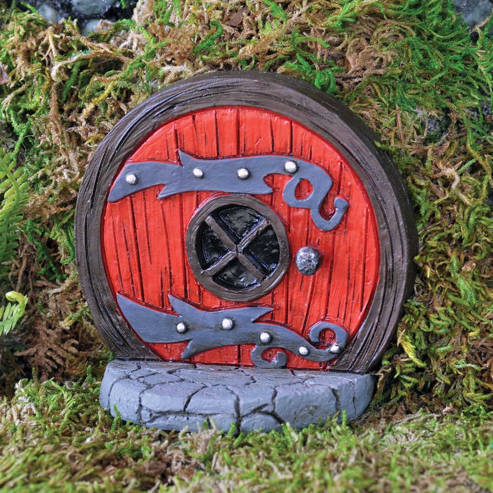 Porte féerique ronde en résine peinte à la main en rouge et gris, décor miniature