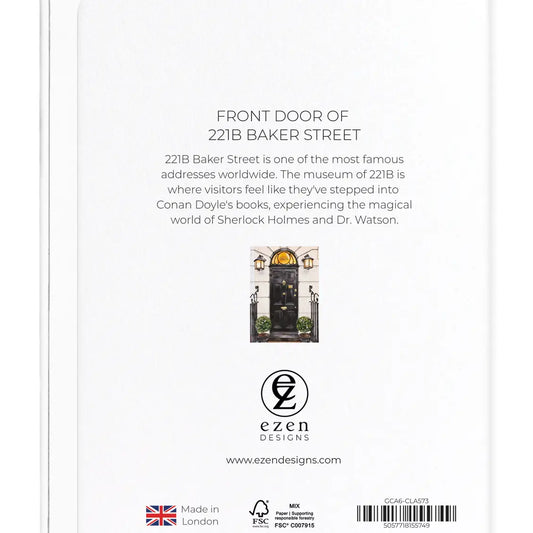 Carte illustrée de la porte noire du 221B Baker Street de Sherlock Holmes avec lanternes victoriennes