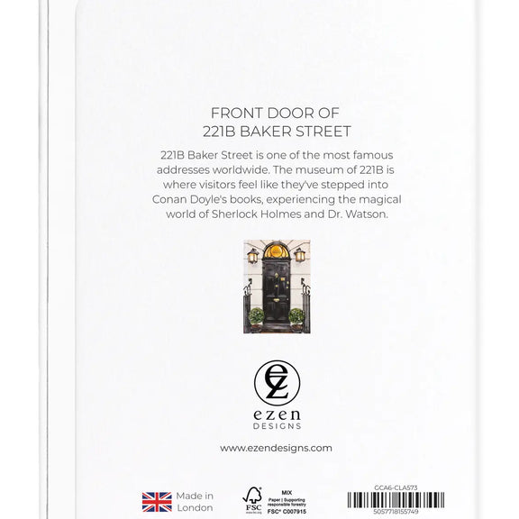 Carte illustrée de la porte noire du 221B Baker Street de Sherlock Holmes avec lanternes victoriennes