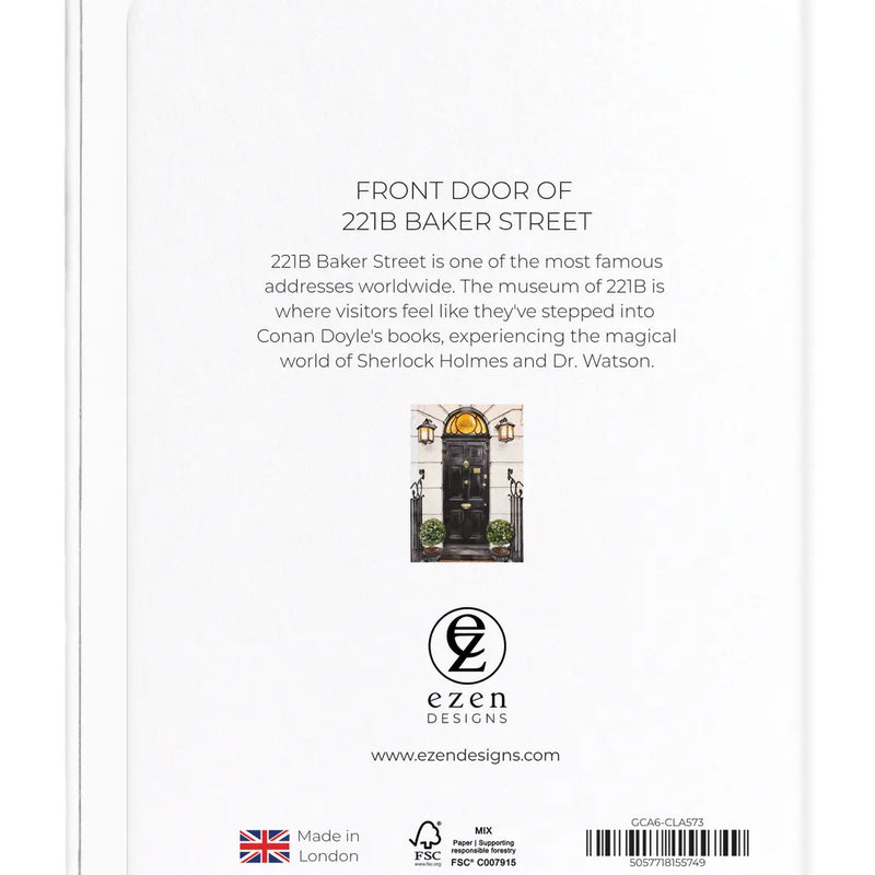 Carte illustrée de la porte noire du 221B Baker Street de Sherlock Holmes avec lanternes victoriennes