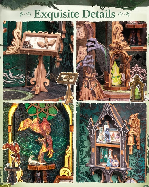 Book nook Herbier des Ténèbres, kit en bois 98 pièces avec LED, serre botanique vert émeraude