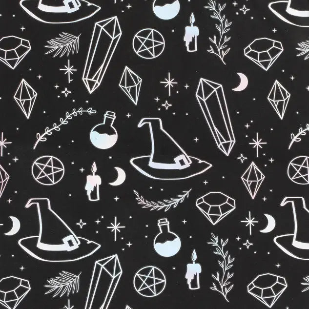 Tote bag noir à motifs ésotériques blancs, chapeaux de sorcière, pentacles, cristaux et lunes
