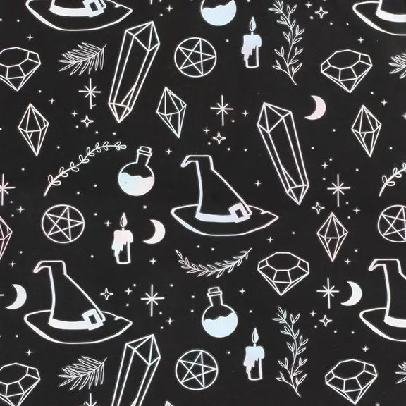 Tote bag noir à motifs ésotériques blancs, chapeaux de sorcière, pentacles, cristaux et lunes