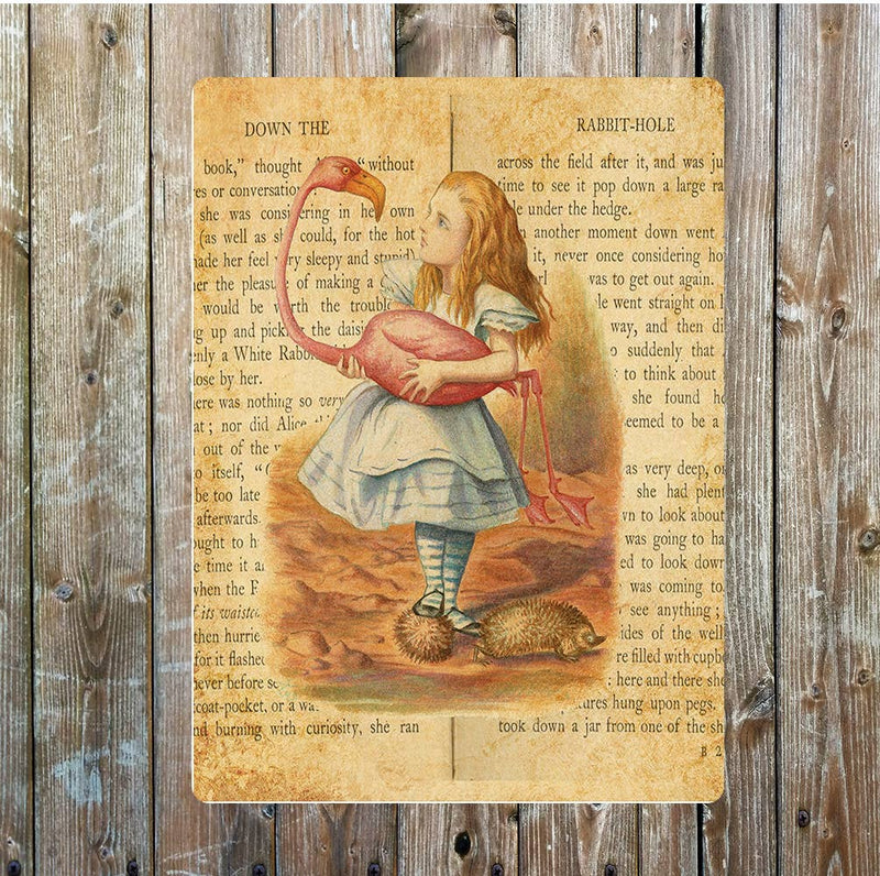 Plaque métal vintage illustrée d'Alice au pays des merveilles, aspect vieilli