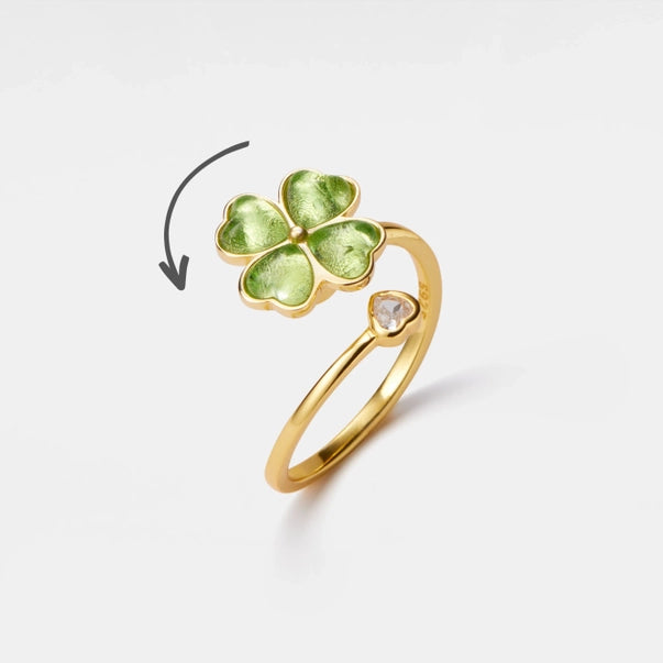 Bague trèfle anti-stress ajustable en argent 925 plaqué or avec trèfle vert à quatre feuilles