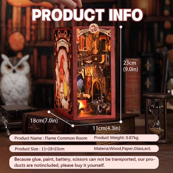 Book nook Salle commune des flammes, kit 259 pièces avec LED, pièce d'école de magie miniature