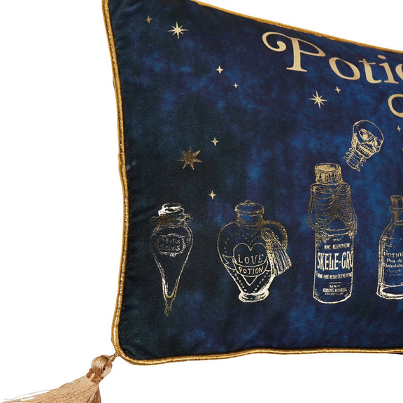 Coussin Harry Potter velours bleu étoilé illustré du cours de potions de Rogue