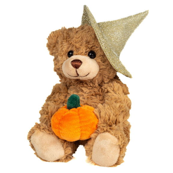 Peluche Teddy Hermann ours brun clair 20 cm avec chapeau de sorcière scintillant et citrouille