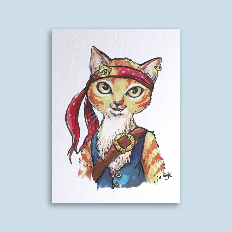 Carte postale illustrée, chat pirate au bandeau rouge, boucles dorées et gilet de corsaire