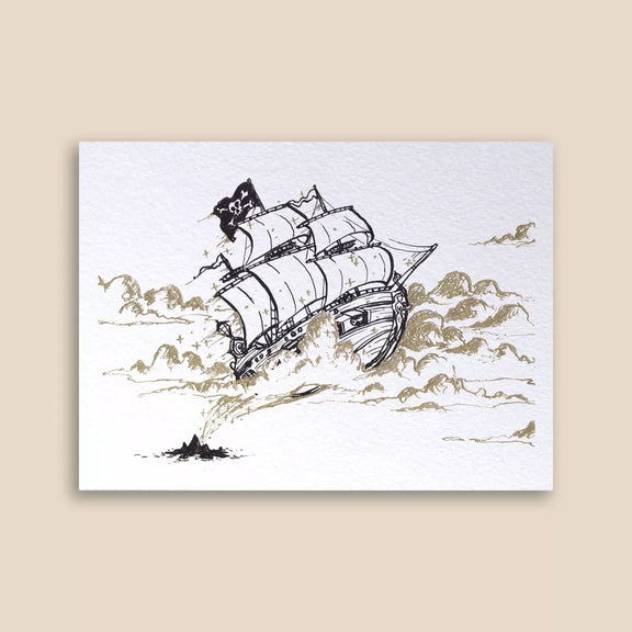 Carte postale Loeff Création, navire pirate flottant dans les nuages avec drapeau noir