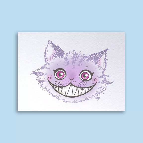 Carte postale Chat du Cheshire violet au sourire espiègle, illustration de Loeff