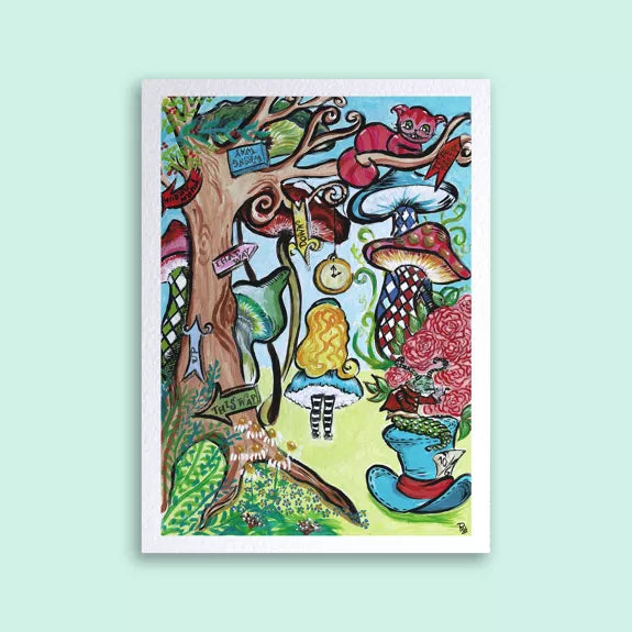 Carte postale illustrée Alice au Pays des Merveilles dans une forêt colorée et féérique
