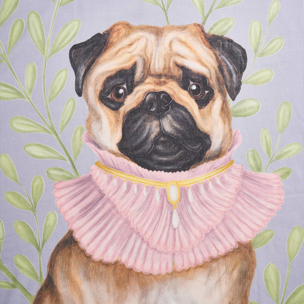 Écharpe légère bleue Fable England Pet Portraits, carlin à collerette rose par Catherine Rowe