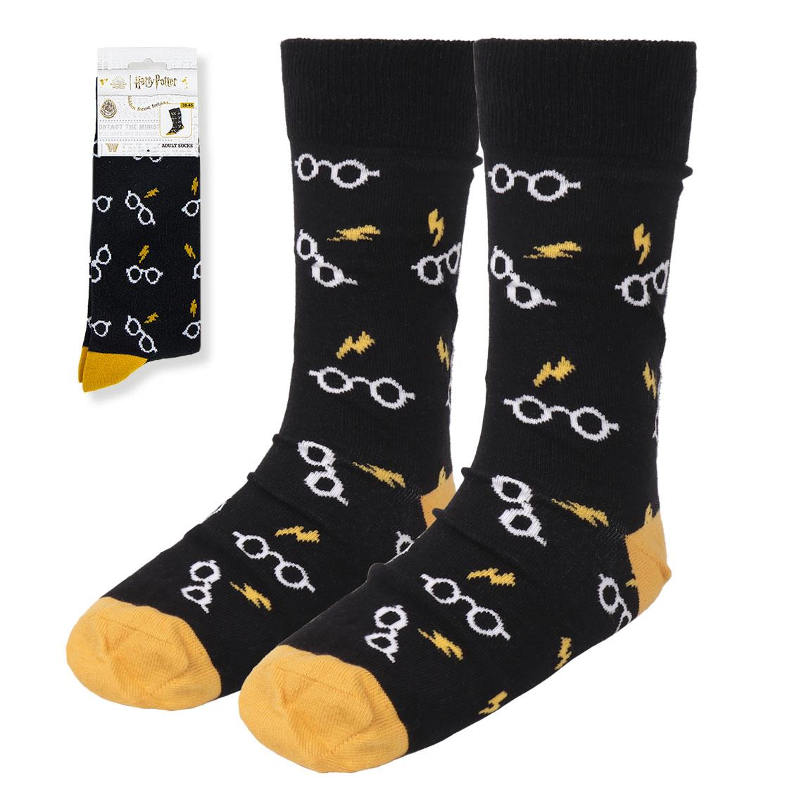 Chaussettes Harry Potter taille 38-45 à motifs lunettes rondes et éclair noir, blanc et jaune