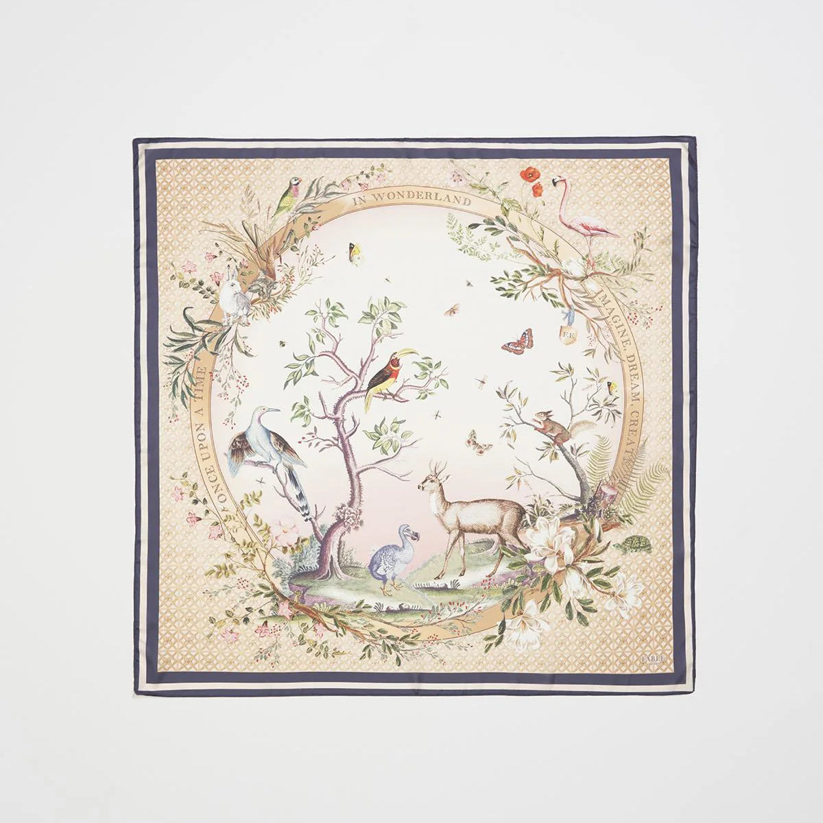 Foulard Fable England Alice au Pays des Merveilles, couronne de cerf, oiseaux et papillons