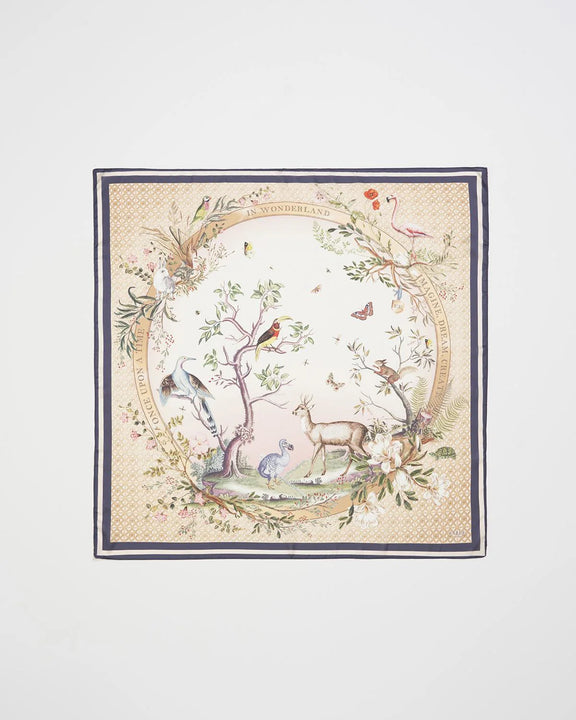 Foulard Fable England Alice au Pays des Merveilles, couronne de cerf, oiseaux et papillons