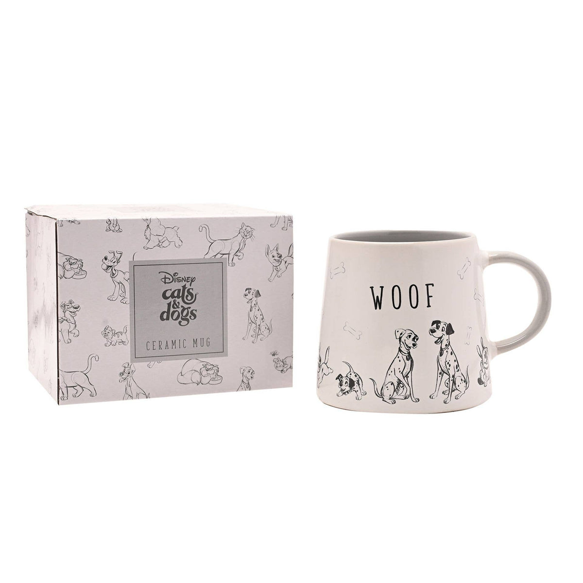 Mug Disney Cats & Dogs en céramique blanche, chiens dessinés en noir et blanc et inscription WOOF