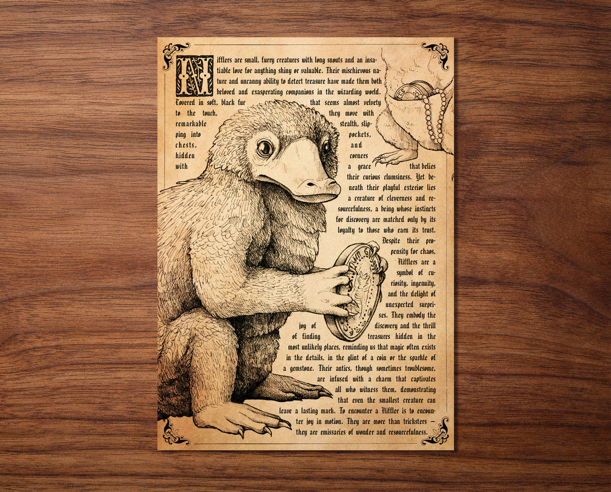 Carte postale créature enchanteresse n°3, petite bête au museau allongé façon vieux grimoire