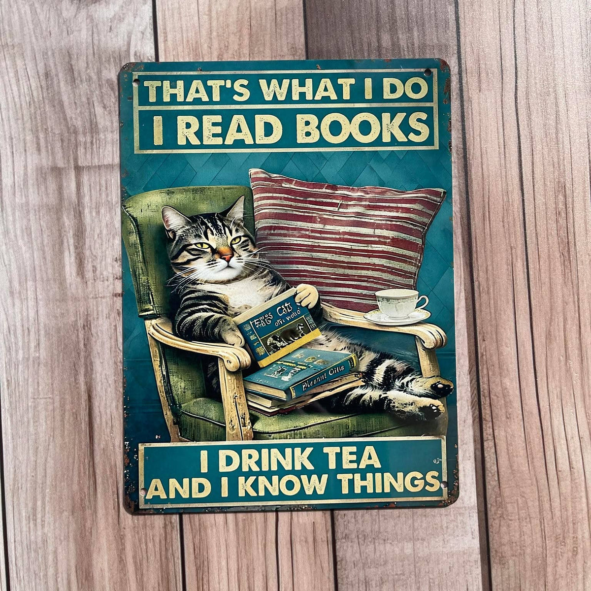 Plaque murale vintage en aluminium imprimé Read books drink tea know things illustrée d'un chat
