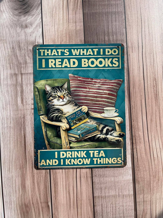 Plaque murale vintage en aluminium imprimé Read books drink tea know things illustrée d'un chat