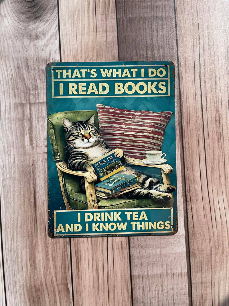 Plaque murale vintage en aluminium imprimé Read books drink tea know things illustrée d'un chat