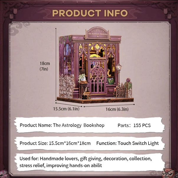 Book nook Librairie d'Astrologie, kit 155 pièces avec LED, boutique ésotérique miniature