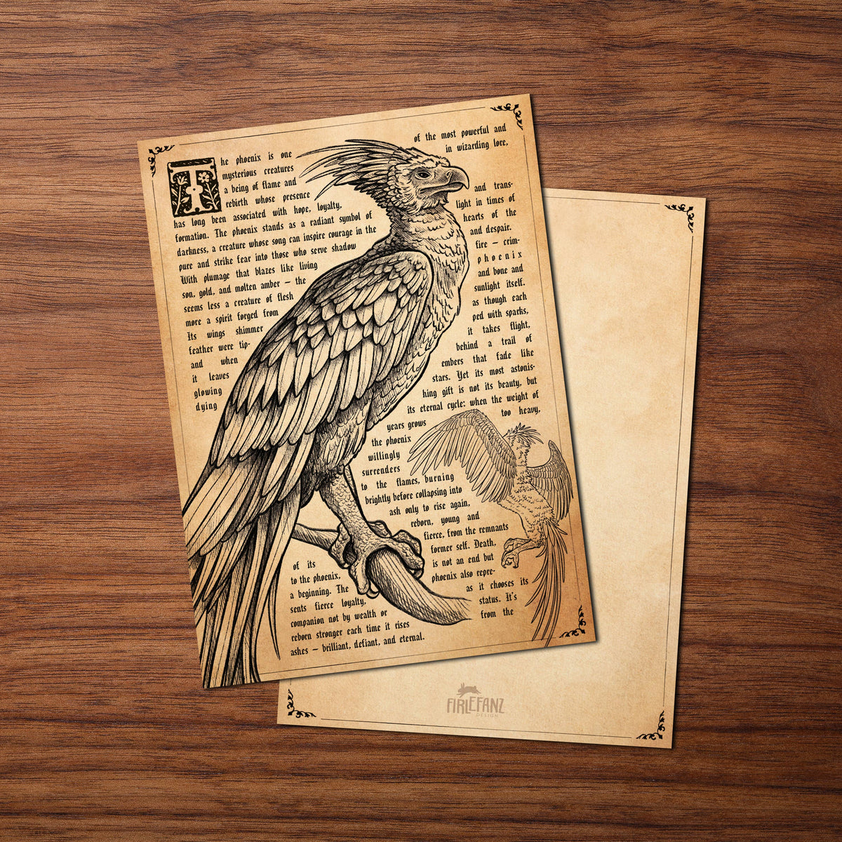 Carte postale vintage illustrée d'un phénix en tons sépia, style ancienne encyclopédie magique
