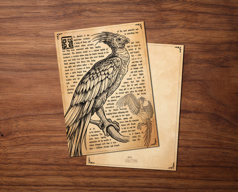 Carte postale vintage illustrée d'un phénix en tons sépia, style ancienne encyclopédie magique