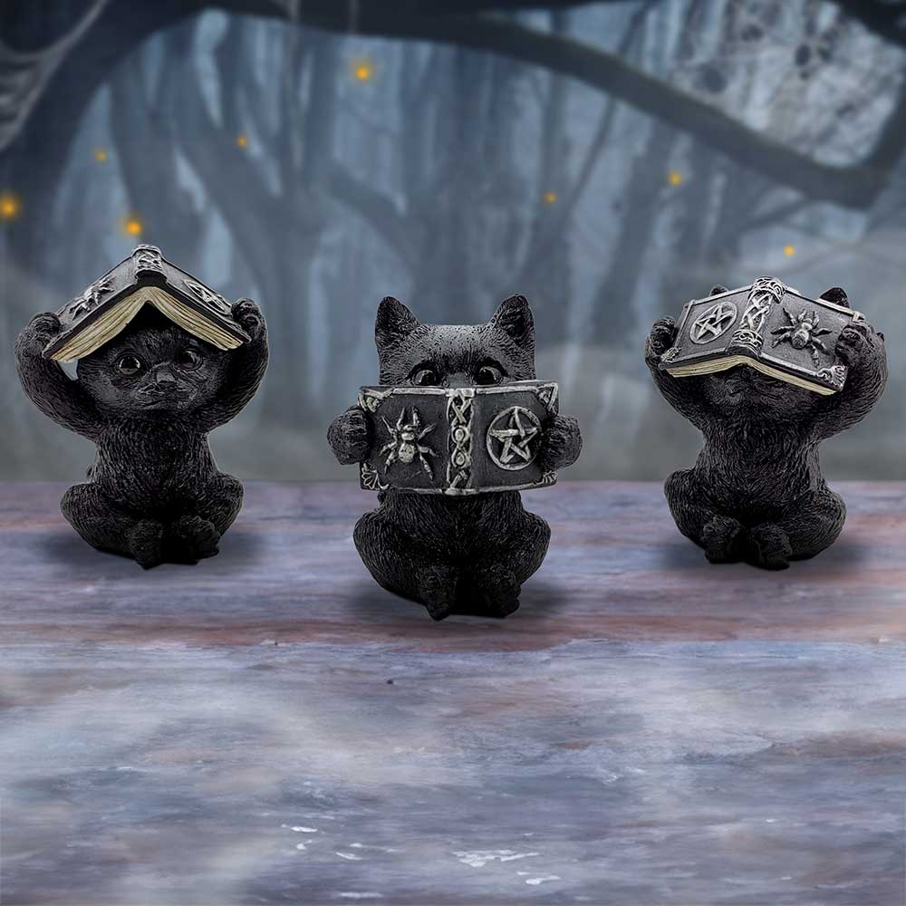 Trio de figurines chats occultes sages tenant des grimoires mystiques gravés de pentacles