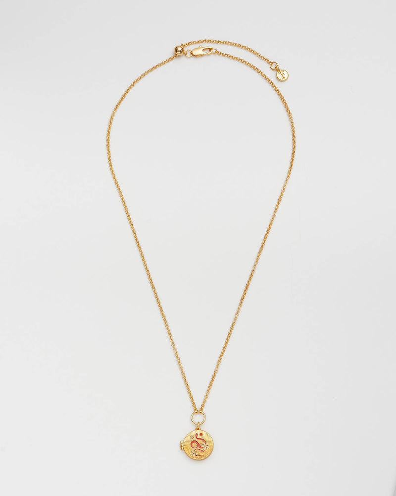 Collier médaillon Snake & Blossom Fable England, serpent émaillé et fleur, plaqué or 22 carats