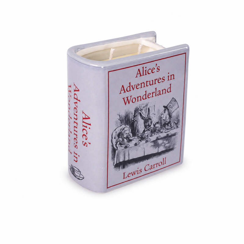 Bougie en céramique bleu pâle en forme de livre Alice au Pays des Merveilles